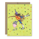 Brown girl ice skater on lime green notecard