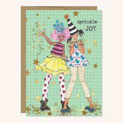 Sprinkle Joy greeting card featuring two girls tossing confetti.