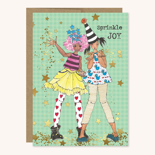Sprinkle Joy greeting card featuring two girls tossing confetti.