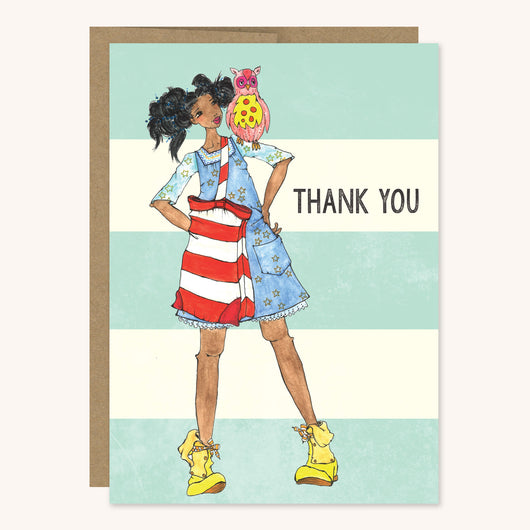 Owl Friend Thank You greeting card featuring a brown girl with an owl on her shoulder. 