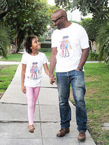 Father and daughter holding hands wearing Brown Crayons t-shirt