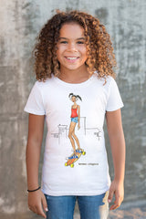 Brown girl wearing white Brown Crayons skater t-shirt