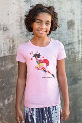 Brown girl wearing pink Brown Crayons Super Crayon t-shirt