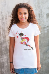 Brown girl wearing white Brown Crayons Super Crayon t-shirt