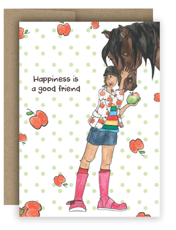 A brown girl sharing an apple with her horse. Happiness is a good friend notecard.