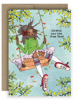 Happy New Year Greeting Card. Brown girl swinging on a swing with holiday lights. Text reads Swing into the New Year! Happy 2022