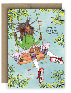 Happy New Year Greeting Card. Brown girl swinging on a swing with holiday lights. Text reads Swing into the New Year! Happy 2022