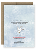 Back of holiday notecard. Bluish silver with snowflakes and peace dove. Text reads brown crayons is a multiracial company. we strive to reflect, represent and empower all girls of color.