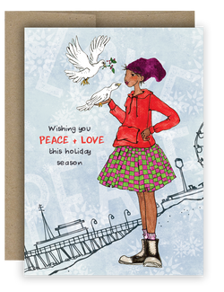 Holiday Notecard featuring a Brown girl and her peace dove friends. Text says Wishing You Peace and Love this holiday season.