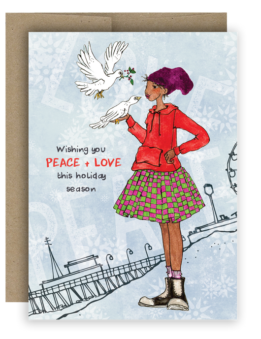 Holiday Notecard featuring a Brown girl and her peace dove friends. Text says Wishing You Peace and Love this holiday season.